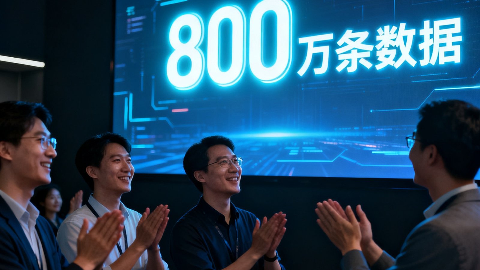 JJB竞技宝数据控制中心大屏幕显示800万条数据里程碑数字，团队成员在屏幕前鼓掌庆祝，深色环境衬托发光的数字