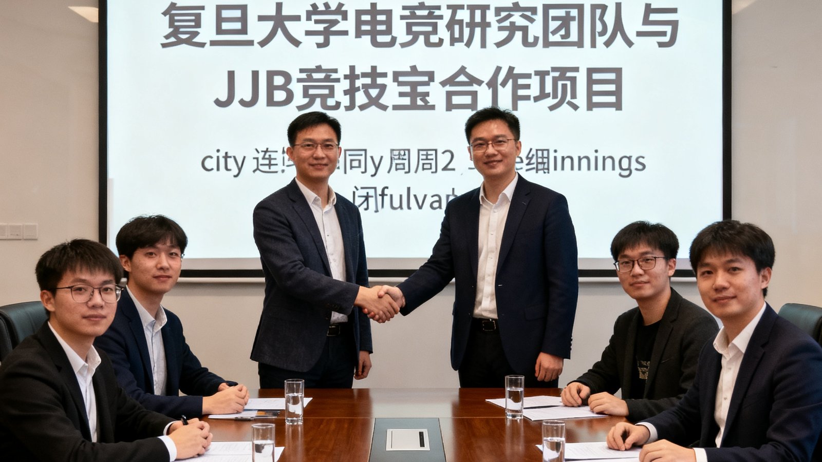 复旦大学电竞研究团队与JJB竞技宝代表签署合作协议的现场照片，双方在会议室中握手，背景投影显示合作项目标题