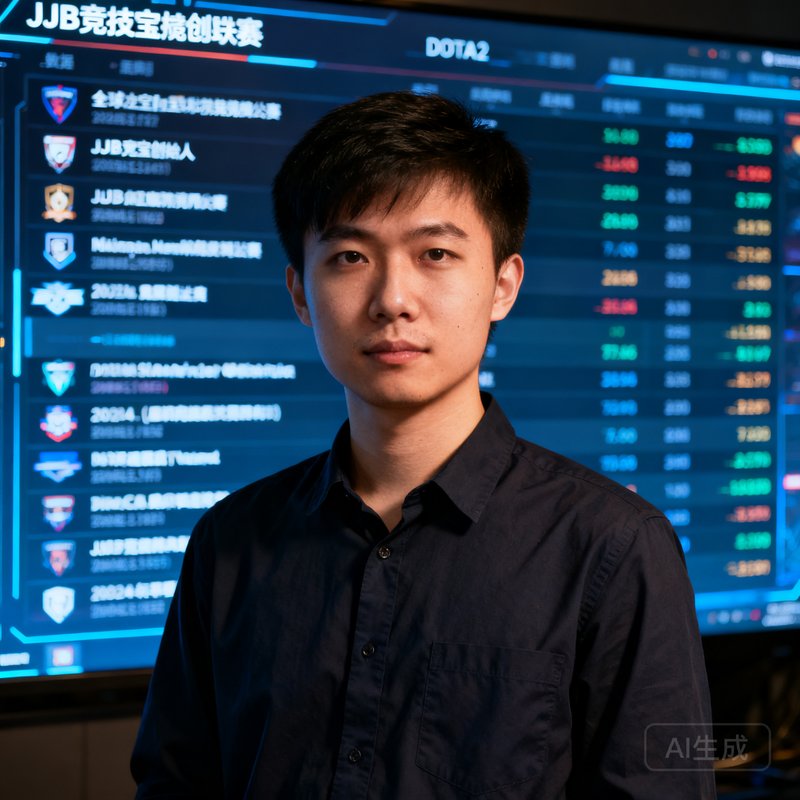陈启明——JJB竞技宝创始人兼CEO，前DOTA2职业选手，身穿深色衬衫站在数据大屏前，神情专注而坚定，背景显示着实时滚动的全球电竞赛事数据流